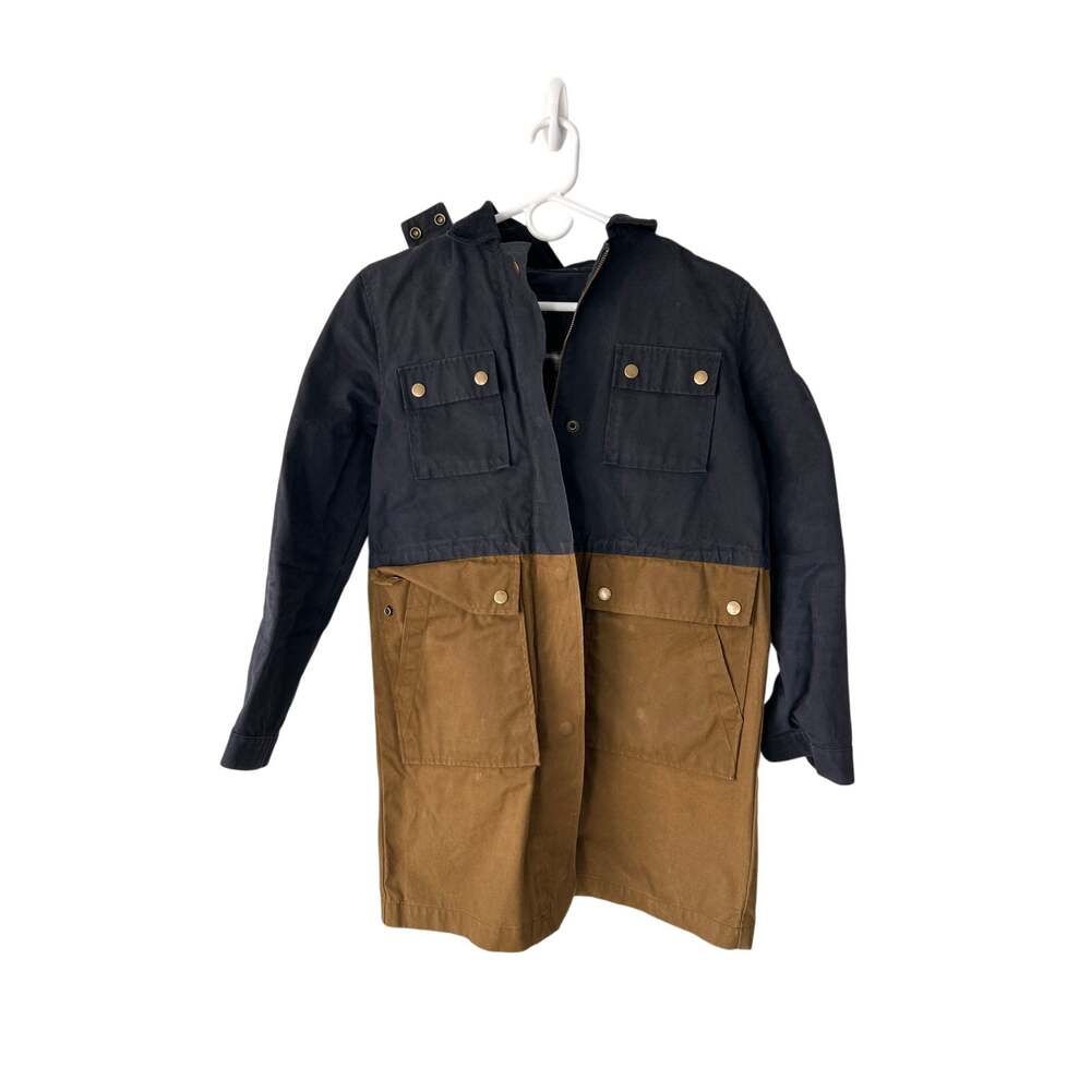 J. Crew Colorblock Field Waxed Canvas Barn Jacket Hooded Blue and Brown XXS